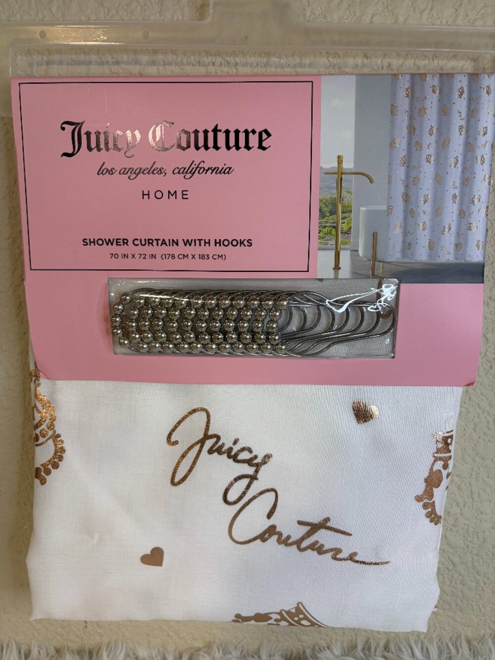 Juicy Couture Crown Heart Shower Curtain Rose Gold Hooks 70x72 NWT